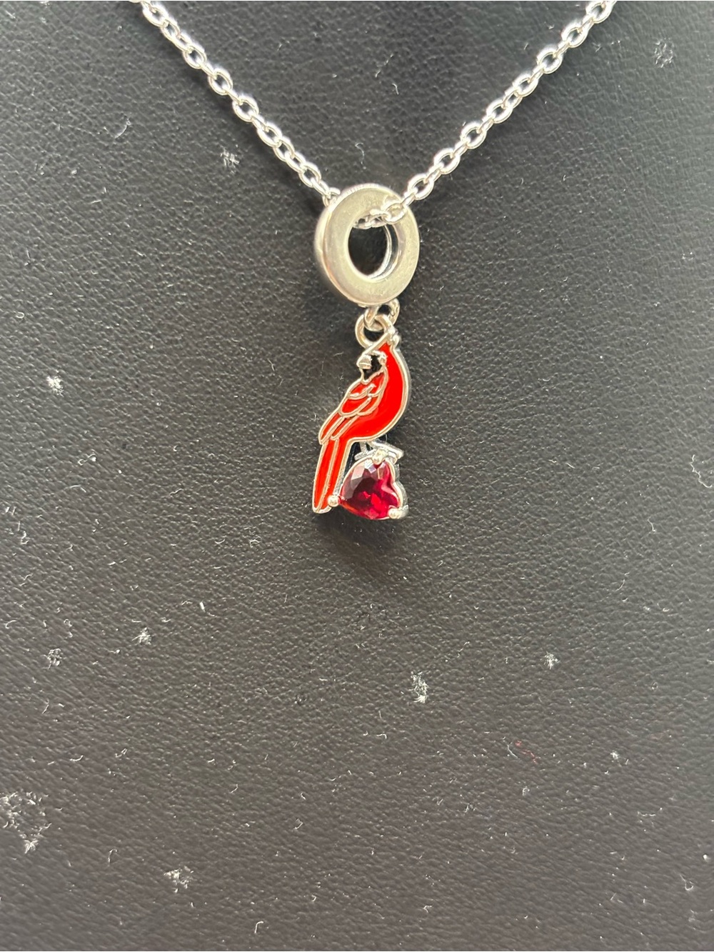 Silver Parrot Pendant Necklace with Red Enamel and Heart Accent